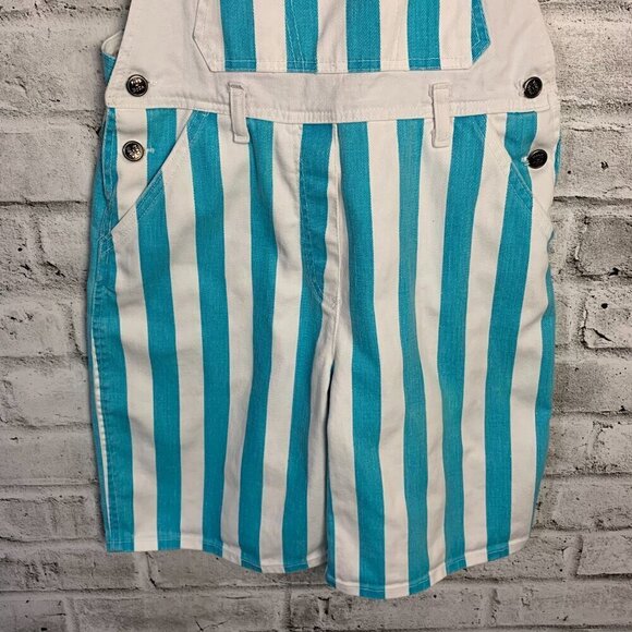 Vintage 90s Pink Soda Striped White Denim Bib Overalls Shortalls - Picture 4 of 9